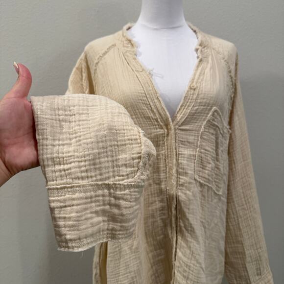 Aerie Gauzy Coverup Shirt Soft Oat Cream Large Lagenlook Beach Resort Vacation - Picture 4 of 10